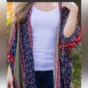 Suzanne Betro Kimono Bohemian  Floral Short Kimono Blue Green Size Medium